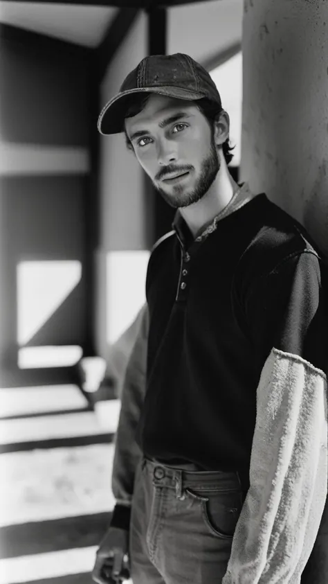 amateur photo of a man, analog, raw, f2, 35mm, an (amateur photo) of a 28 year old candid photo of a man dressed as a farmer wearing dirty clothes, upper body, under low key lighting, from above, shot on a Agfa Vista, flash photography, taken on an old cam...