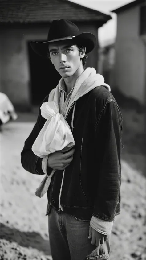 amateur photo of a man, analog, raw, f2, 35mm, an (amateur photo) of a 28 year old candid photo of a man dressed as a farmer wearing dirty clothes, upper body, under low key lighting, from above, shot on a Agfa Vista, flash photography, taken on an old cam...