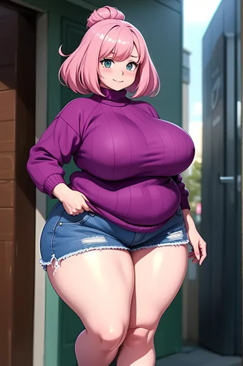 cute soft anime woman, sweet fluffy girlfriend, mature, big breasts, wearing a sweater, fat, wide hips, soft, fat, chubby, pink hair, tall, shy. pink sweater. 