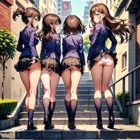 ((highest quality)), ((masterpiece)), (High resolution), 8K, best shadow, The best natural light, cinematic, (Four adult women walking up the stairs:1.4), (brown hair,)、Looking back, bashful、blazer、navy check skirt、(dark blue socks)、((Rear view))、Angle fro...