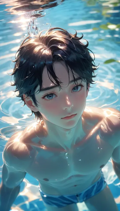 ( perfect anatomy ) Minimalist handsome boy immersed in June heat wave(Close-up of whole head submerged in water)Cool off in the pool，Surrounded by dazzling afternoon light, shadows and water ripples，The whole scene looks lazy and exudes a romantic, relaxe...