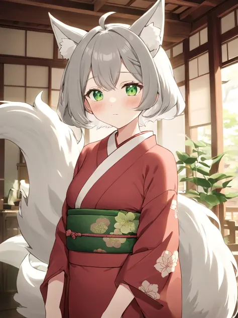 high_quality, 4k, masterpiece, 1girl, solo, shoulder-length graying hair, green eyes, elderly, old_lady, oba-san, nine-tailed Kitsune, Kimono dress, light blush, fair-skinned, looking_at_viewer, indoors