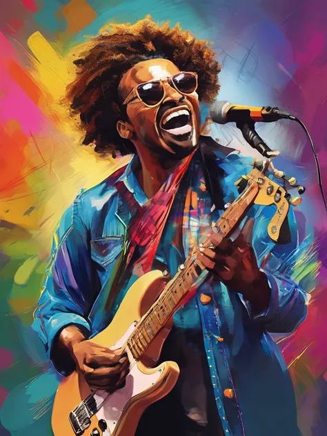 Portrait of a musician, Vibrant colors, Realistic lighting, Detailed Instruments, Expressive face, Hilarious background, Dynamic Synthesis, professional, concert atmosphere, Passion, Artistic performances, Energetic gestures, Note, With rhythm, High-qualit...