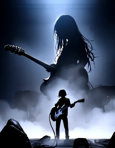 rock band. White guitar player, until, Very long black hair, Fall in love with his black and white electric guitar. Perform on a professionally lit stage, FOG, Screen and pyrotechnics. Surreal , Professional lighting,