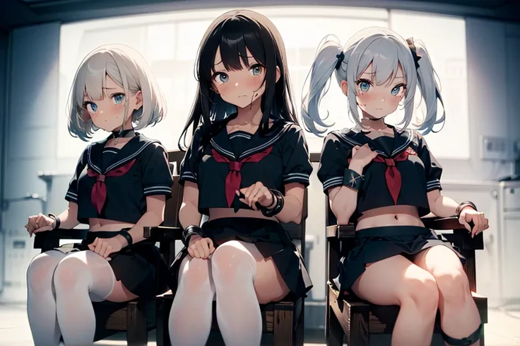 3 girls, strapped to chairs, tied up, (blushing, red face, crying, terrified), (ankle cuffs, ankles tied, wrist cuffs, wrists tied), long hair, beautiful eyes, (((short sleeves, tight clothing, sailor uniform, mini-skirt))), perfect body, perfect face, per...