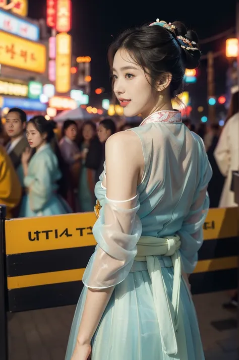 (((best quality))),(((ultra detailed))),(((masterpiece))),illustration,1girl,bun hair,(see through gauze hanbok:1.3),collar,slim,laughing, summer night,Korean city scape, street, neon signs, beautiful, vibrant, detailed facial features,medium hair, eleganc...