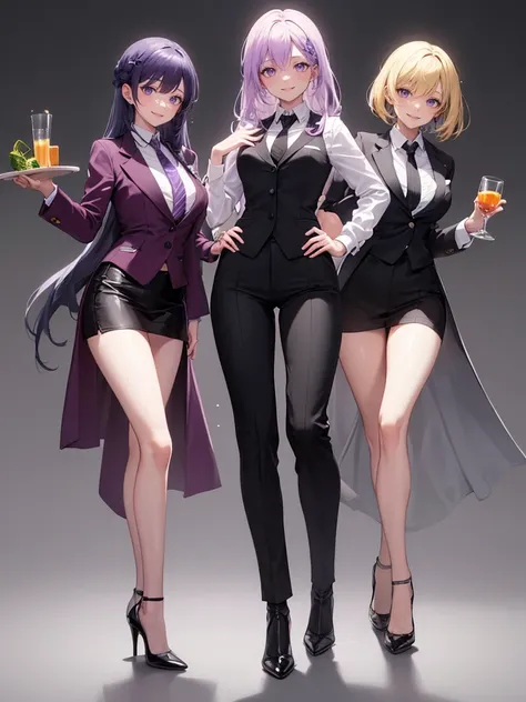 purple,High cut layered hair,woman,bartender,vest,shirt,tie,pants,high heels,all,simple background,smile,whole body,full body,full body,Standing picture,vtuber,upright,,look forward to,body facing forward