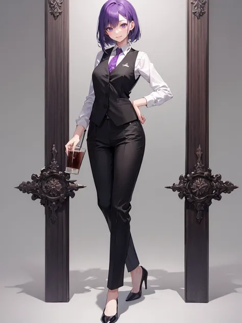 purple,High cut layered hair,woman,bartender,vest,shirt,tie,pants,high heels,all,simple background,smile,whole body,full body,full body,Standing picture,vtuber,upright,,look forward to,body facing forward