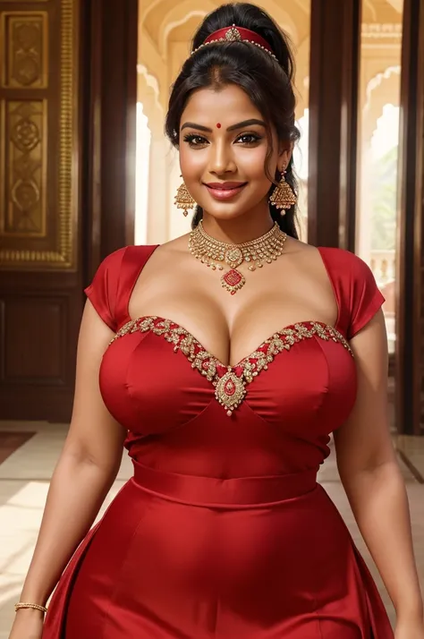 Day scene, close up photo of a sexy Indian queen, posing in a palace, big cheeks, curvy, super stylish red dress with wide open breasts, accessories, earrings, necklace, erotic face, 36 yo, ponytail, look at viewer and smile, (cinematic:1.3), intricate det...