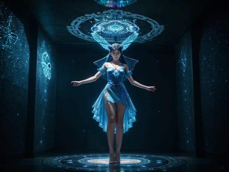 absurdres , highres, ultra detailed, (1girl:1.3), BREAK, fantasic dress, headwear, BREAK, light persona, dark persona, mind control, fractal, full body, ceiling, Artistic Background, blue Bioluminescence, Geometric, Organic, blessing, favor, exalted, subli...