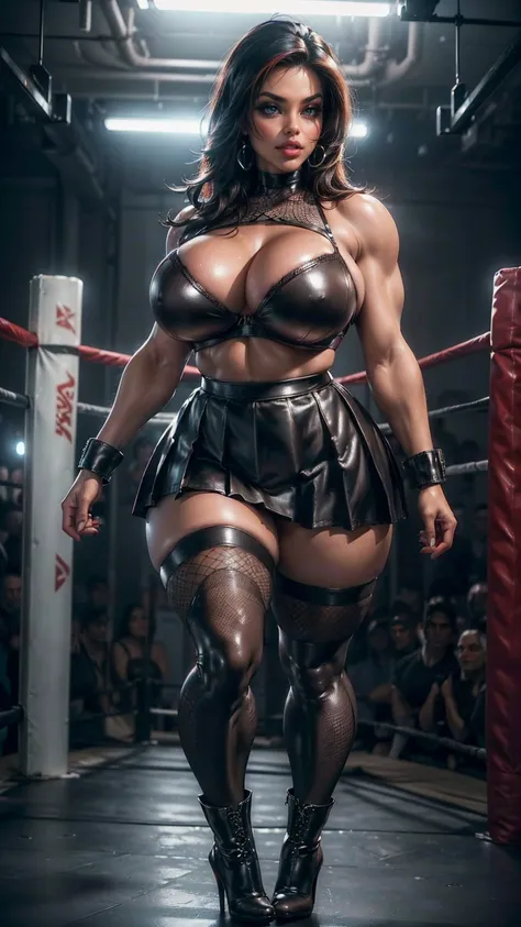 (best quality,highres:1.2), (ultra-detailed), (realistic:1.37), (HDR,UHD), (physically-based rendering), (busty mature muscular Denise Milani), ((black leather pleated skirt:1.3)), ((black leather bra:1.3)), ((short stiletto-heeled combat boots)), (stylish...