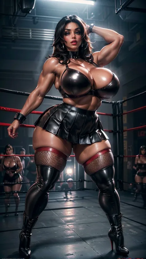 (best quality,highres:1.2), (ultra-detailed), (realistic:1.37), (HDR,UHD), (physically-based rendering), (busty mature muscular Denise Milani), ((black leather pleated skirt:1.3)), ((black leather bra:1.3)), ((short stiletto-heeled combat boots)), (stylish...