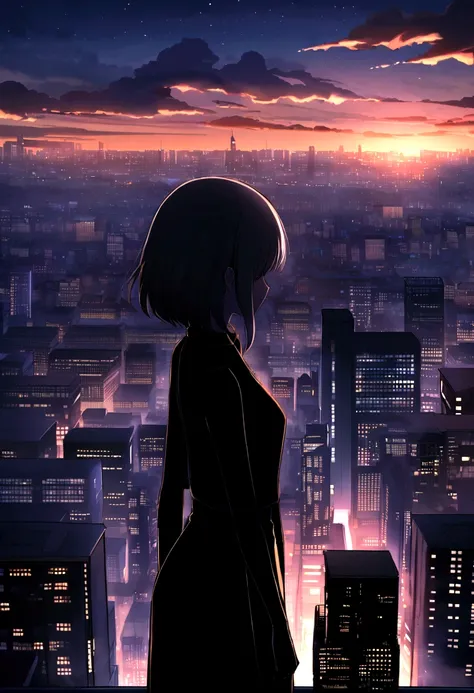 anime,silhouette,One girl, star (null), cloud, cityscape, building, city, Outdoor, nullscraper, city lights, night, night null, sunset, nullline