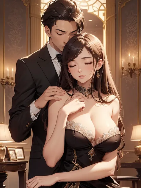 (​masterpiece、top-quality、hight resolution、Unity 8k Wallpaper、extremely details CG:1), A wealthy and gentle housewife is depicted in a luxurious, dimly-lit room, caught in the moment of infidelity. She is elegantly dressed, but her refined demeanor is mome...