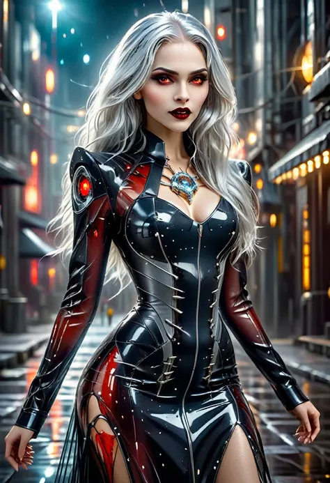 ((a photorealistic glamour shot of an exquisite, glamour mecha female vampire: 1.5)), ((full body: 1.3)), ultra feminine, pale face, silver hair, long vibrant shiny hair, glamorous hair,  red eyes, miniatures mechanical , deep penetrating eyes, red lips, l...