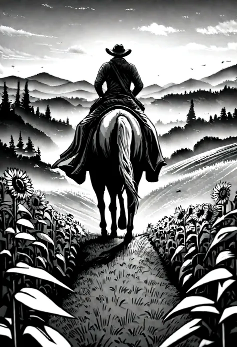 black and white art a latin man on top of a horse in the middle of a field of sunflowers, black and white art, beautiful scenery, big depth of field, digitl art, ​masterpiece, UHD quality". RPG, monochrome