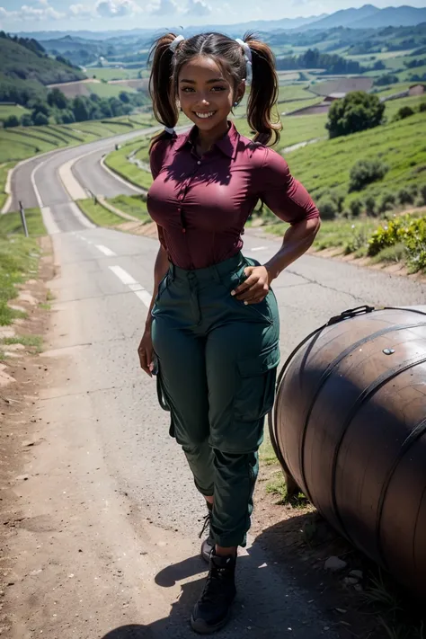 (Muscular:2), (thick thighs:1), (large round breasts:1), (cute hair, pigtails:1.4), FEMALE, brown hair, long brown hair, (big smile:1.6), (wearing a tight collared shirt and cargo pants:1.5), looking at viewer, (three quarter view:1.2), upper body view, (h...