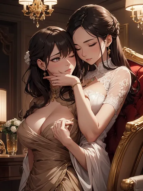 (​masterpiece、top-quality、hight resolution、Unity 8k Wallpaper、extremely details CG:1), A wealthy and gentle housewife is depicted in a luxurious, dimly-lit room, caught in the moment of infidelity. She is elegantly dressed, but her refined demeanor is mome...