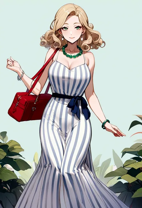 40 year old woman, curly blonde hair to waist, green eyes, blue and white striped spaghetti strap dress, white earrings, red bag, jade bracelet, red bead necklace