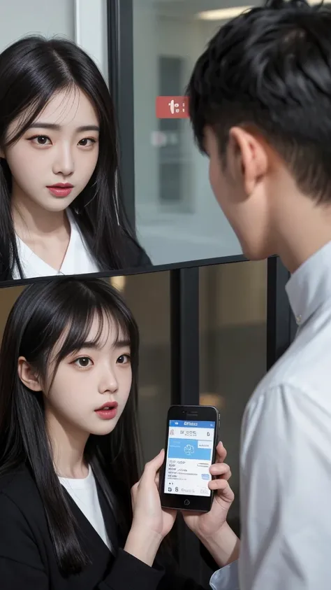  (high quality), (SFW:1.2), split screen, delinquent, Mature high school girl and Korean adult man enjoying smartphone chatting app, Her smartphone display shows a number of adult Korean men having a conversation with a high school girl..., Chat language i...