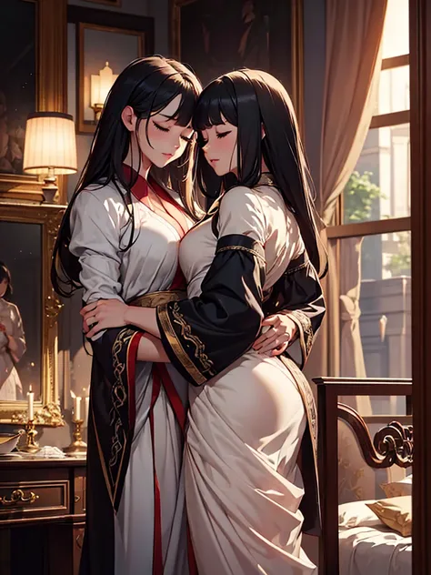 (​masterpiece、top-quality、hight resolution、Unity 8k Wallpaper、extremely details CG:1), A wealthy and gentle housewife is depicted in a luxurious, dimly-lit room, caught in the moment of infidelity. She is elegantly dressed, but her refined demeanor is mome...