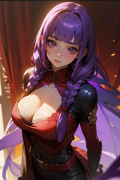 1 Girl, Blunt bangs, Braiding, Wide sleeves, hair ornaments, Red Belt, (Purple Hair:1.2), Very long hair, Straight hair, Looking at the audience, Highly detailed background, (Realistic:1.2), Beautiful Eyes, Red eyeshadow, Written boundary depth，thigh, (Urz...