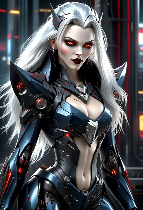 ((a photorealistic glamour shot of an exquisite, glamour mecha female vampire: 1.5)), ((full body: 1.3)), ultra feminine, pale face, silver hair, long vibrant shiny hair, glamorous hair,  red eyes, miniatures mechanical , deep penetrating eyes, red lips, l...