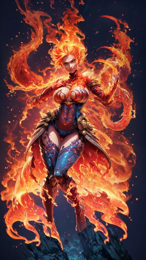 Fantasyart、(top-quality、​masterpiece:1.2)、ultra-detailliert、(photoRealstic:1.1)、(sharp focus)、(A female spirit of melted flame that burns bright red:1.5)、(full body Esbian:1.4)、Detailed Molten Fire Elemental, fire demon wings、(Red and Yellow Blue Flame:1.5...