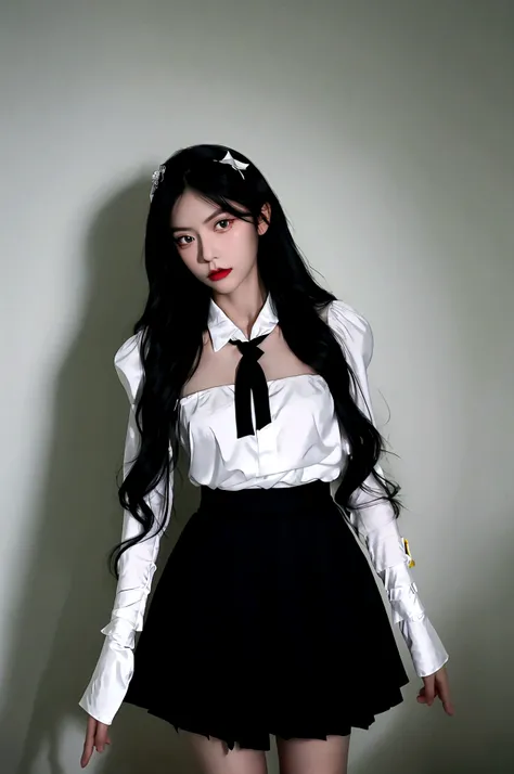 ((masterpiece, best quality)),best aesthetics,1 girl, alone, long hair, Black skirt, flower, ribbon, black background, black hair, Rose, hair ribbon, Green eyes, Long sleeve, white Rose, Keep your mouth shut, black ribbon, Upper Body, movie lighting