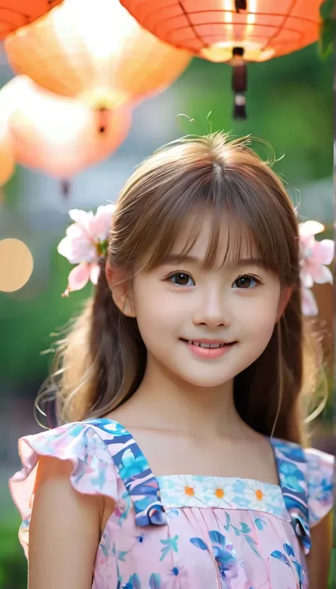 close-up of pretty Japanese_Russian girl,((flat chests:1.35)), wear pretty clothes,outdoor, bokeh background, UHD, 32K, 10 years old, astonishingly pretty,absolutely cute,cute smile,very adorable, absolutely stunning,