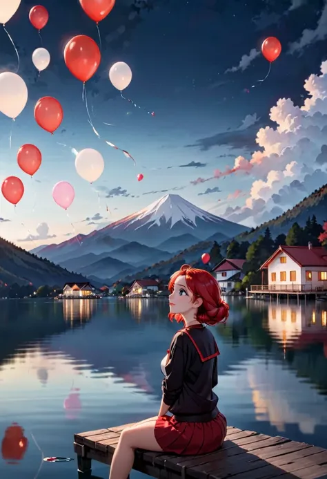 on a dark night, on a lake, in the background a mountain with some white houses and a red roof, with many cantoya balloons float...