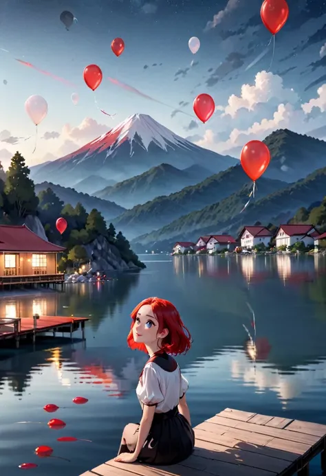 on a dark night, on a lake, in the background a mountain with some white houses and a red roof, with many cantoya balloons float...