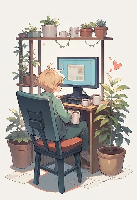 SD Main, Flat Illustration,
masterpiece, Highest quality,,No humans, Mug, plant, ox, cup, Chair, heart, potted plant, White Background, coffee Mug, Sitting, alone, playing video games, monitor
 