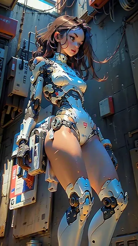 Woman body defined thick thighs cybernetic arms legs parts,nude