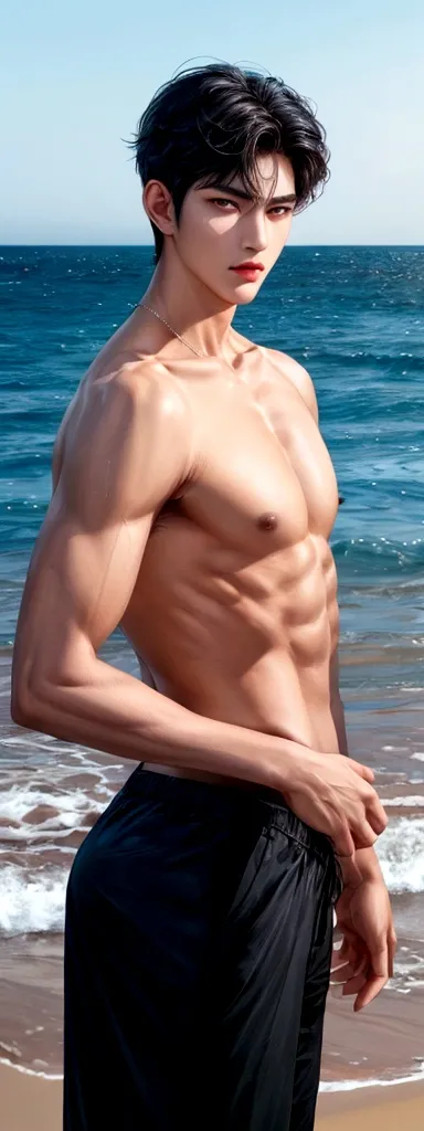 1 male, tall body, stronger body, black hair, short hair, natural face, Sharp eyes, eagle eyes, cute lips, ignore face, charming, fresh, looking at viewer, thick neck, standing pose, sea background 