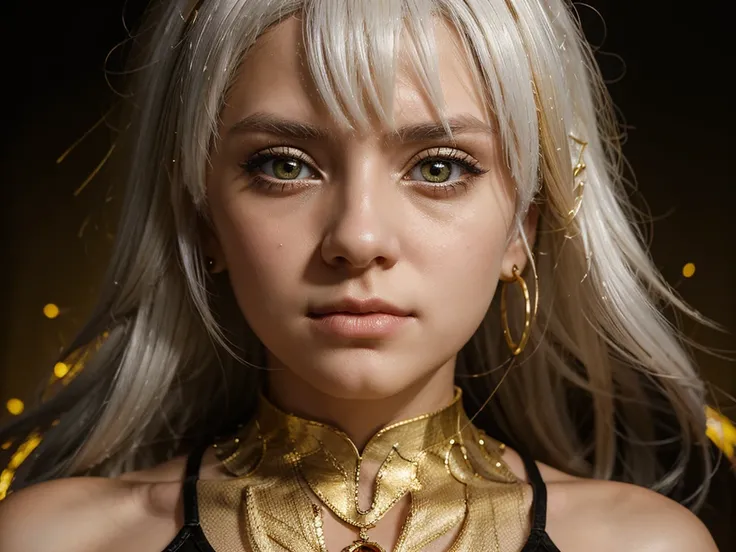 mksks style, 1girl, cute, surrounded by yellow lighting, gold eyes, white hair, black background, closeup, no smile, masterpiece, ultra detailed