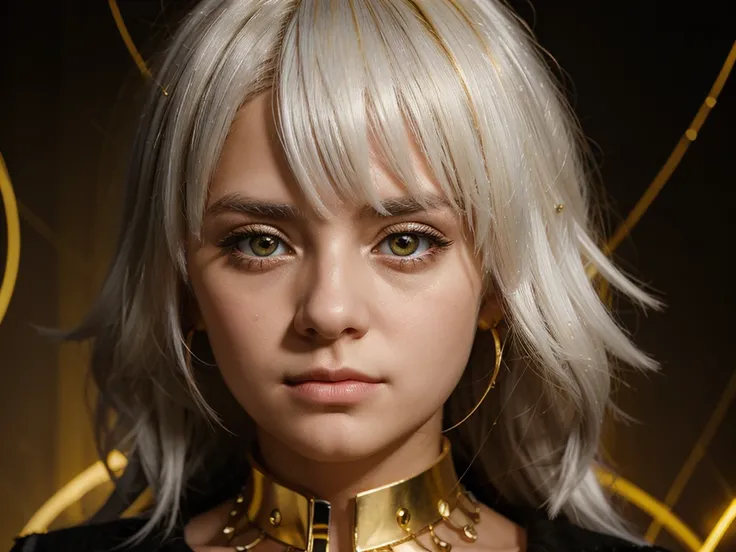 mksks style, 1girl, cute, surrounded by yellow lighting, gold eyes, white hair, black background, closeup, no smile, masterpiece, ultra detailed