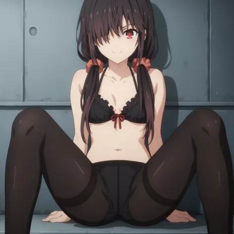 score_9, score_8_up, score_7_up, source_anime,
kurumitokisaki, kurumi tokisaki, black hair, red eyes, long hair, (bunches)
bare shoulder, ribbon, Black bra, bikini, briefs, hair over one eye,  black bikini, twintails, low twintails, black silk leggings
ind...