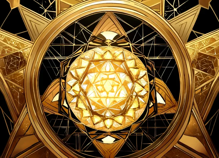 a close up of a flower of life surrounded by gold lights, Sacred fractal structures, fractal Sacred geometry, Sacred geometry, flower of life, Sacred geometry pattern, Emits a golden glow, Sacred geometry melting, glowing Golden Halo, overlaid Sacred geome...