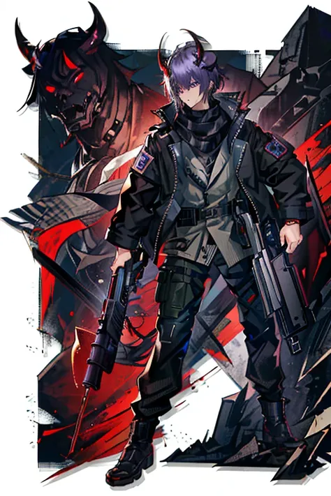 (masterpiece), best quality, solo, arknights design, arknights character, arknights style, arknights operator, black fading to purple hair, male, guy, short hair, guy, hair between eyes, dead inside, tired eyes, (horns on forehead, oni horns, long oni horn...