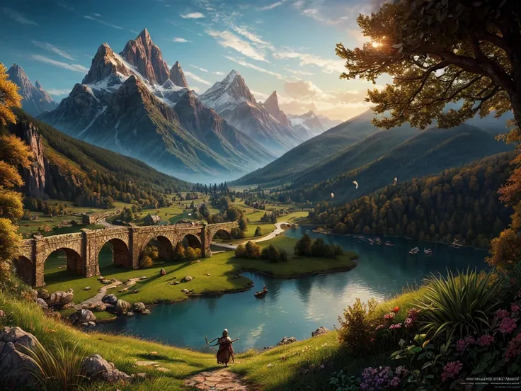 inspiré de Tolkien,À la manière de John Howe,detailed fantasy landscape,enchanted forests,majestic mountains,epic battles,dangerous dungeons,magical creatures,highly detailed armor,best quality,4k,8k,highres,masterpiece:1.2,ultra-detailed,realistic,photore...