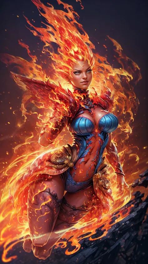 Fantasyart、(top-quality、​masterpiece:1.2)、ultra-detailliert、(photoRealstic:1.1)、(sharp focus)、(A female spirit of melted flame that burns bright red:1.5)、(full body Esbian:1.4)、Detailed Molten Fire Elemental, fire demon wings、(Red and Yellow Blue Flame:1.5...