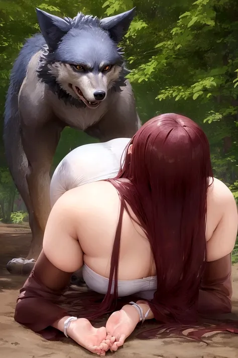 Woman being fucked by a wolf in a forest