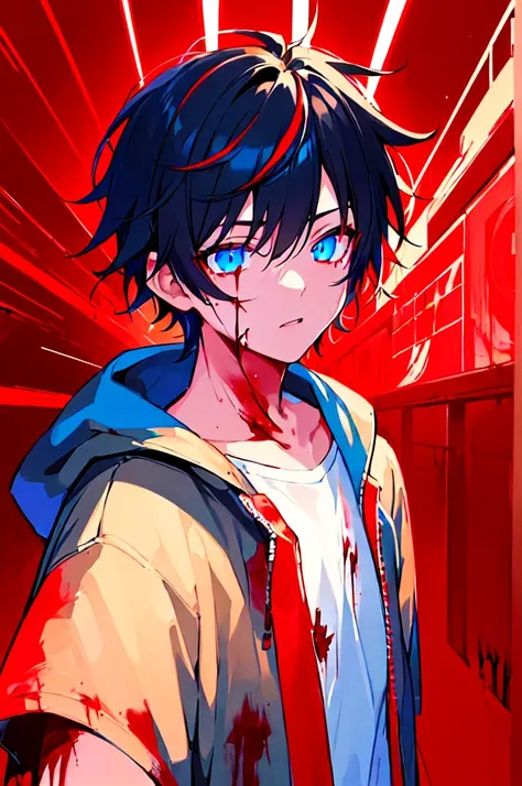 [(RED BACKGROUND:1.5),::5], ((((masterpiece)))), high quality, ultra very high resolution, full color, (((solo))), ((little boy)), black hair, ((red streaked hair)), blue eyes, anime, ((upper body)), neon light, black parka, (flame effect:1.2), (blood effe...