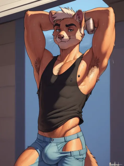 anthro, male, 1boy, solo focus, weasel, dark fur, skater punk, day, dim, detailed eyes, detailed clothes, torn clothes, thin, sleeveless top, (((sweaty armpits))), raised arms, bare chest, fit, tall, extreme pants bulge, ((huge bulge)), daddy, (((armpit sw...