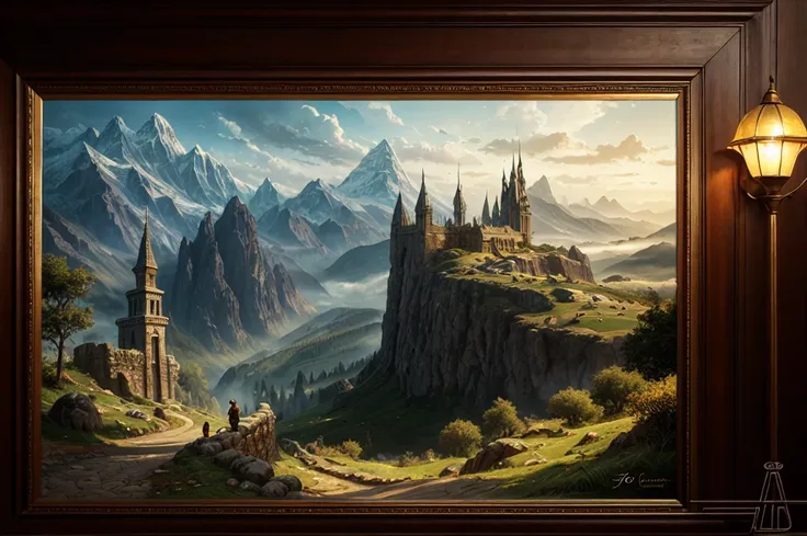 inspiré de Tolkien,À la manière de John Howe,detailed fantasy landscape,enchanted forests,majestic mountains,epic battles,dangerous dungeons,magical creatures,highly detailed armor,best quality,4k,8k,highres,masterpiece:1.2,ultra-detailed,realistic,photore...