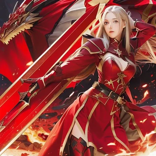 girl in red dress with dragon and sword in background, edelgard fire emblem, fate / stay night, edelgard from fire emblem, style like fate/stay night, lady in red armor, fate grand order, fate stay night, official  artwork, detailed key  art, fire emblem, ...