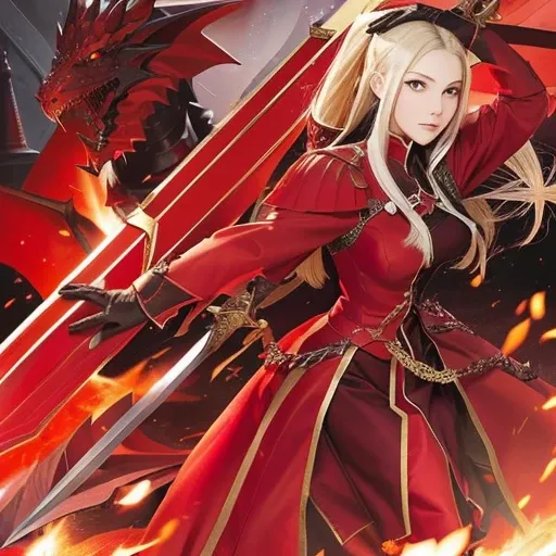 girl in red dress with dragon and sword in background, edelgard fire emblem, fate / stay night, edelgard from fire emblem, style like fate/stay night, lady in red armor, fate grand order, fate stay night, official  artwork, detailed key  art, fire emblem, ...