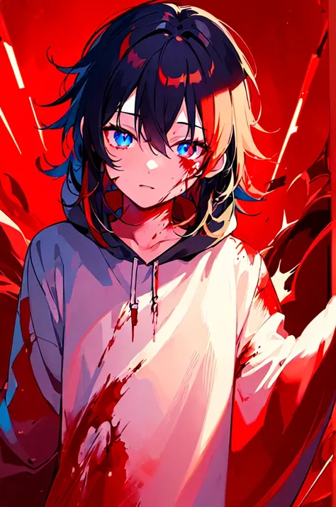 [(RED BACKGROUND:1.5),::5], ((((masterpiece)))), high quality, ultra very high resolution, full color, (((solo))), ((little boy)), black hair, ((red streaked hair)), blue eyes, anime, ((upper body)), neon light, black parka, (flame effect:1.2), (blood effe...