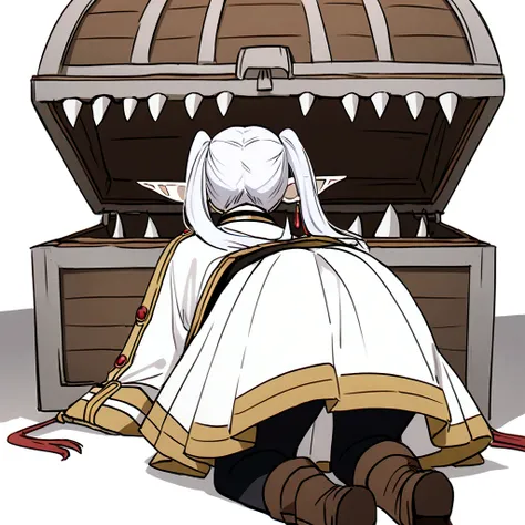 nereirfpnxl, frieren, pointy ears, 1girl, twintails, white hair, black pantyhose, boots, brown footwear, white jacket, white skirt, (all fours), from behind, mimic chest made of wood, The lid of the box is like a mouth, so many fangs in the mouth of the bo...